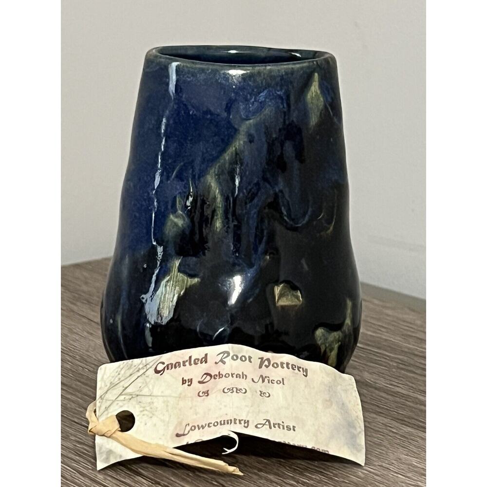 Gnarled Root Pottery 4.5"  Vase Low Country Signed Deborah Nicol 2003 Blues